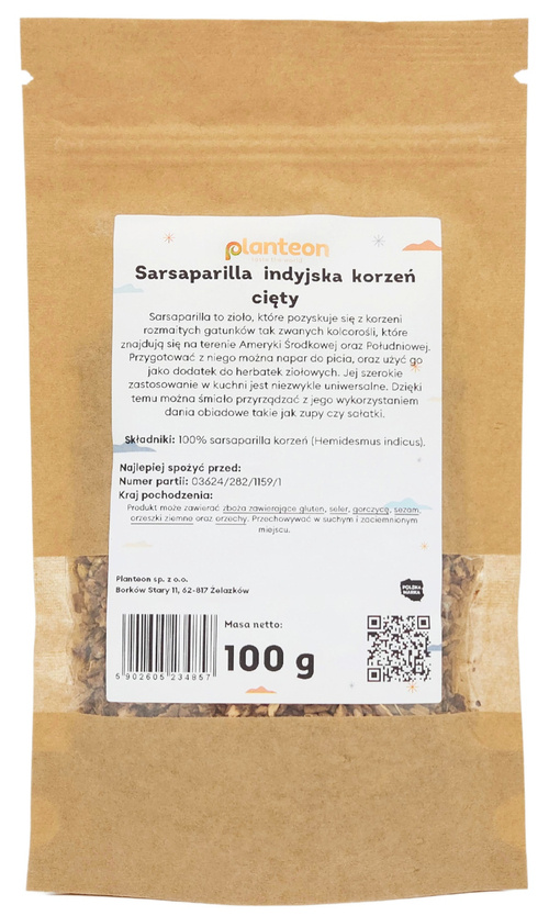 Sarsaparilla indyjska korzeń cięty 100 g Planteon - naturalne zioła kolcorośl